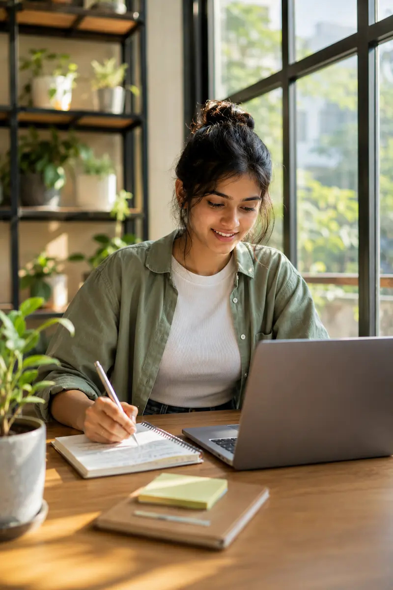 A BlueTick student studying with laptop and notebook