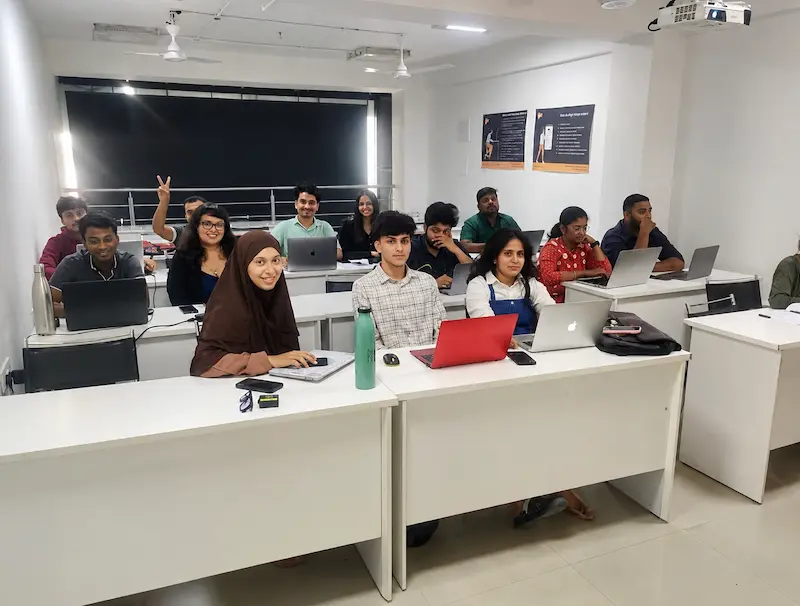 Students in a live offline AI class at BlueTick AI Academy, Indiranagar, Bangalore