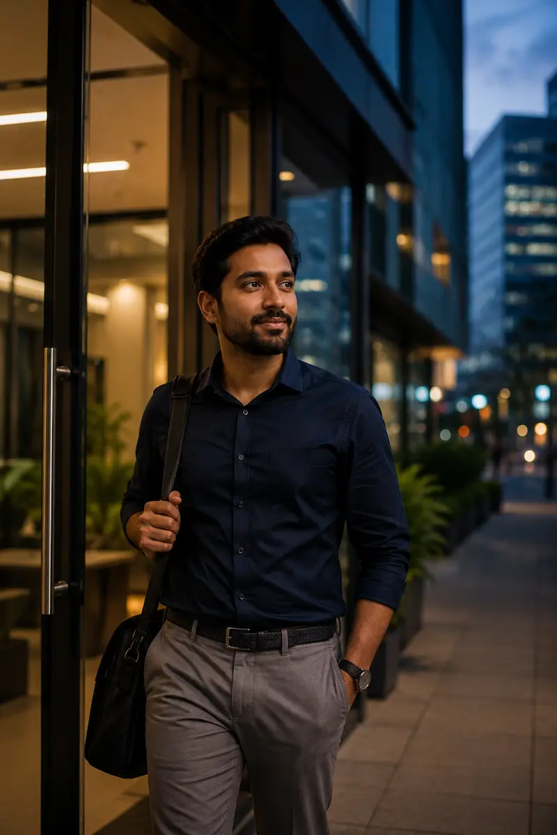 A developer leaving the office at dusk