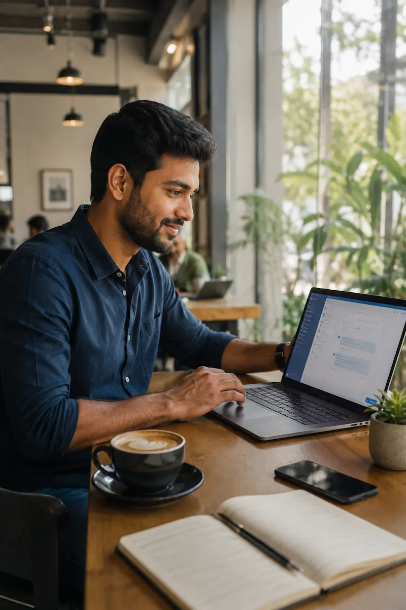 A professional using an AI chat tool on a laptop