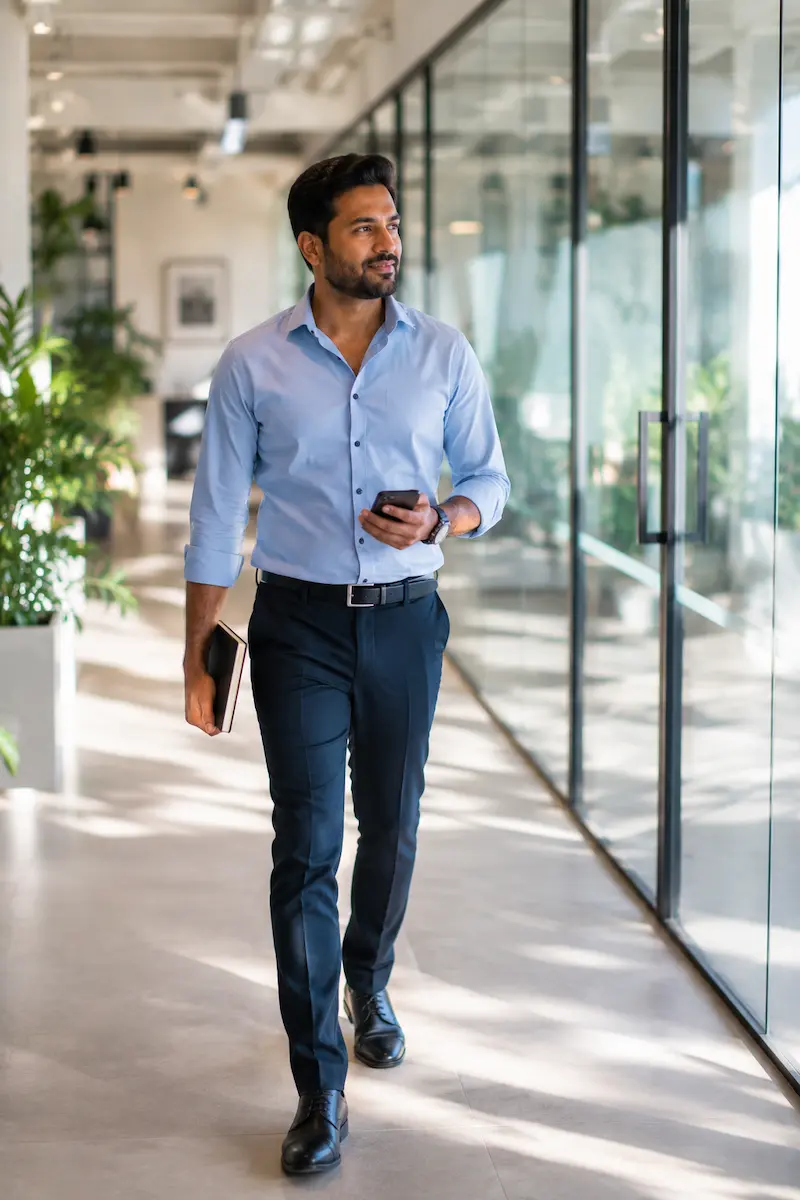 A professional walking through a bright office