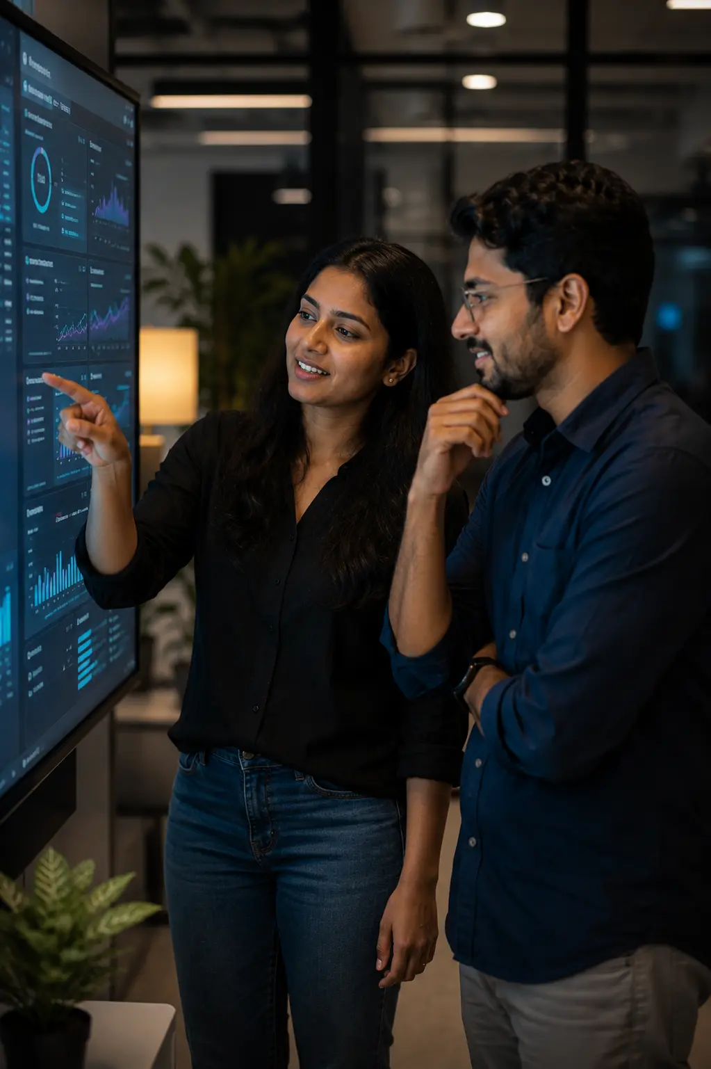 Two engineers reviewing a dashboard together